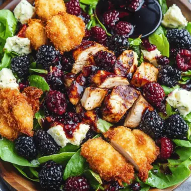 Blackberry Balsamic Grilled Chicken Salad with Crispy Fried Goat Cheese