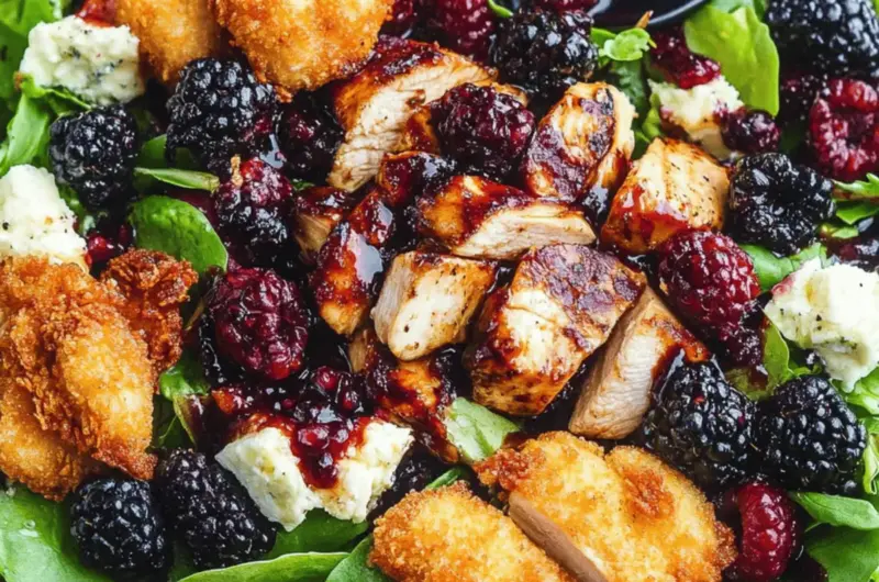 Blackberry Balsamic Grilled Chicken Salad with Crispy Fried Goat Cheese