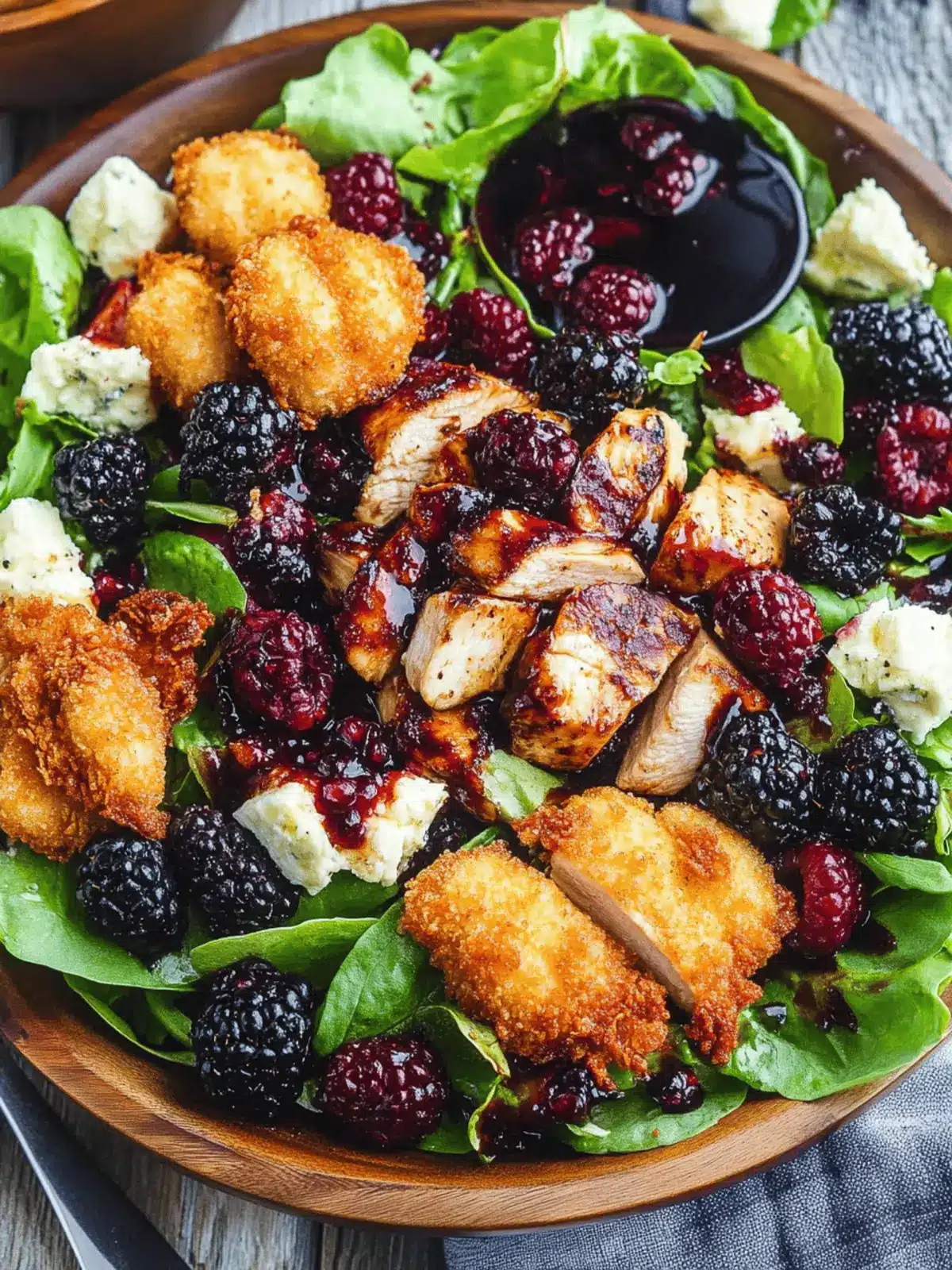 Blackberry Balsamic Grilled Chicken Salad with Crispy Fried Goat Cheese