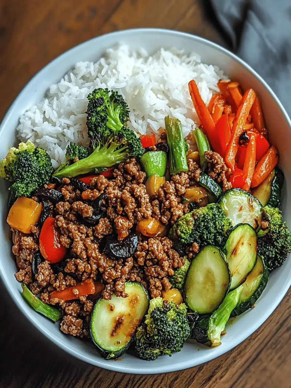 Spicy Ground Beef Stir-Fry Bowl with Garlic Veggies & Steamy Rice