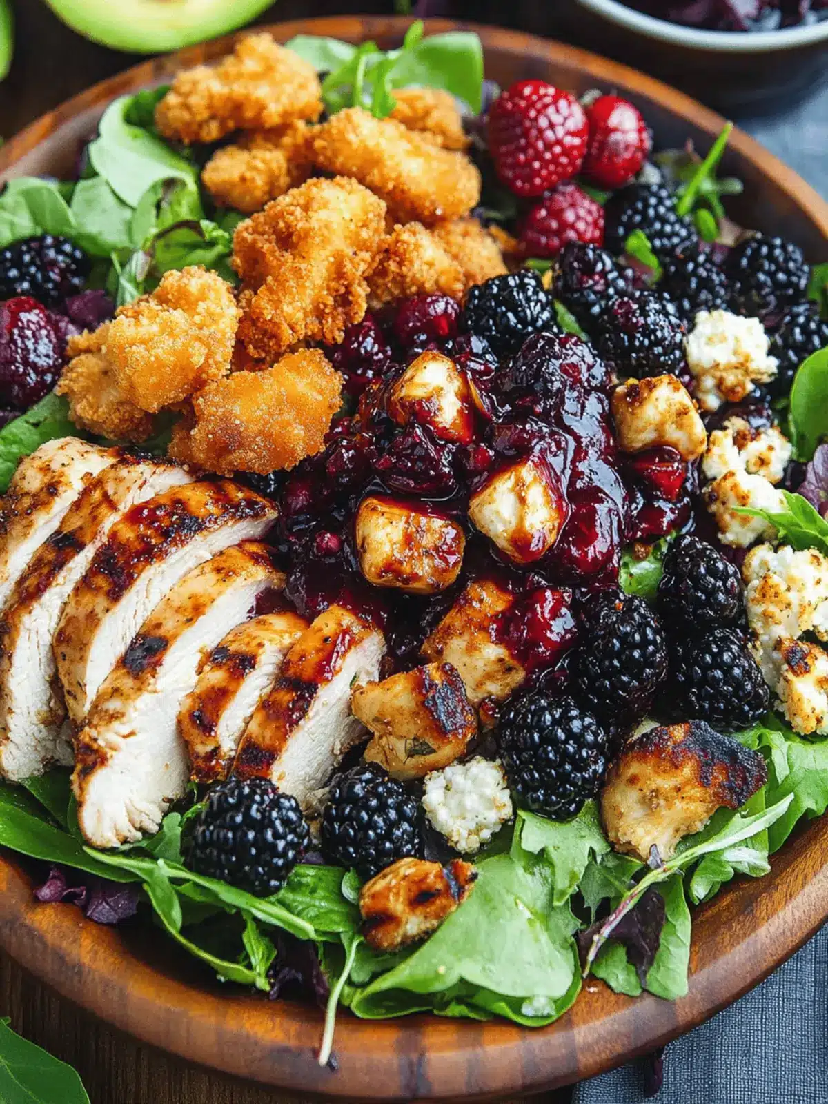 Blackberry Balsamic Grilled Chicken Salad with Crispy Fried Goat Cheese