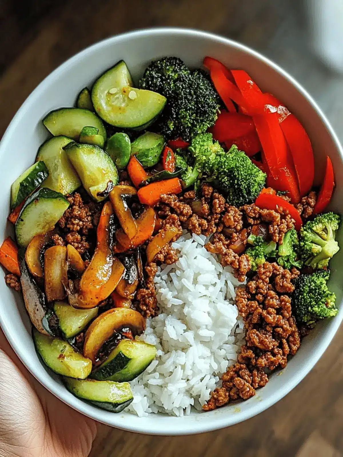 Spicy Ground Beef Stir-Fry Bowl with Garlic Veggies & Steamy Rice
