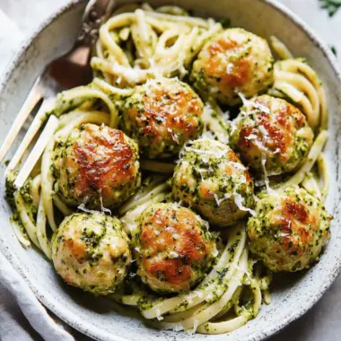 Baked Chicken Meatballs with Broccoli Pesto Pasta