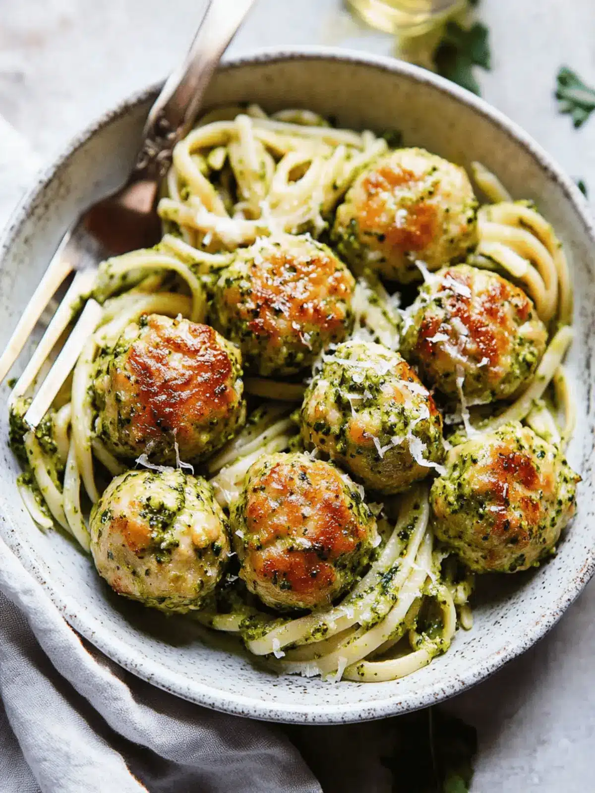 Baked Chicken Meatballs with Broccoli Pesto Pasta