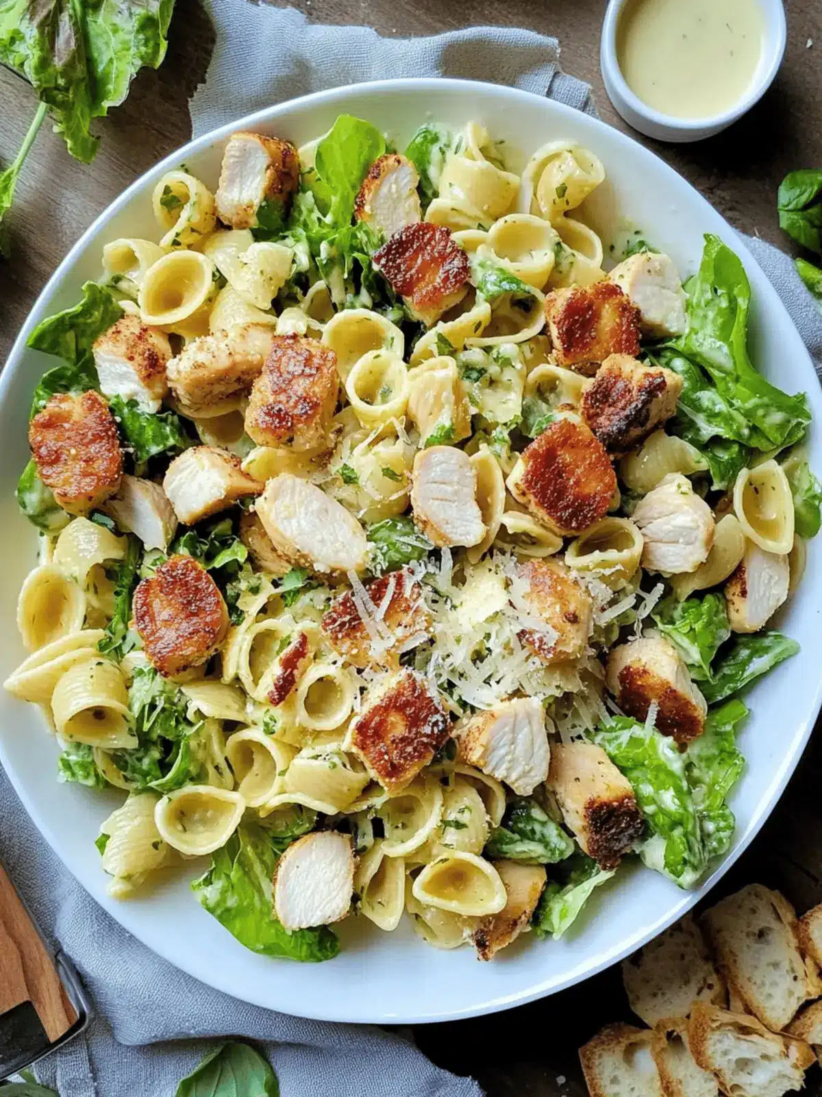 Caesar Pasta Salad with Parmesan Crusted Chicken Croutons