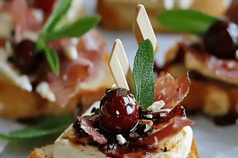 Cranberry, Brie and Prosciutto Crostini with Balsamic Glaze