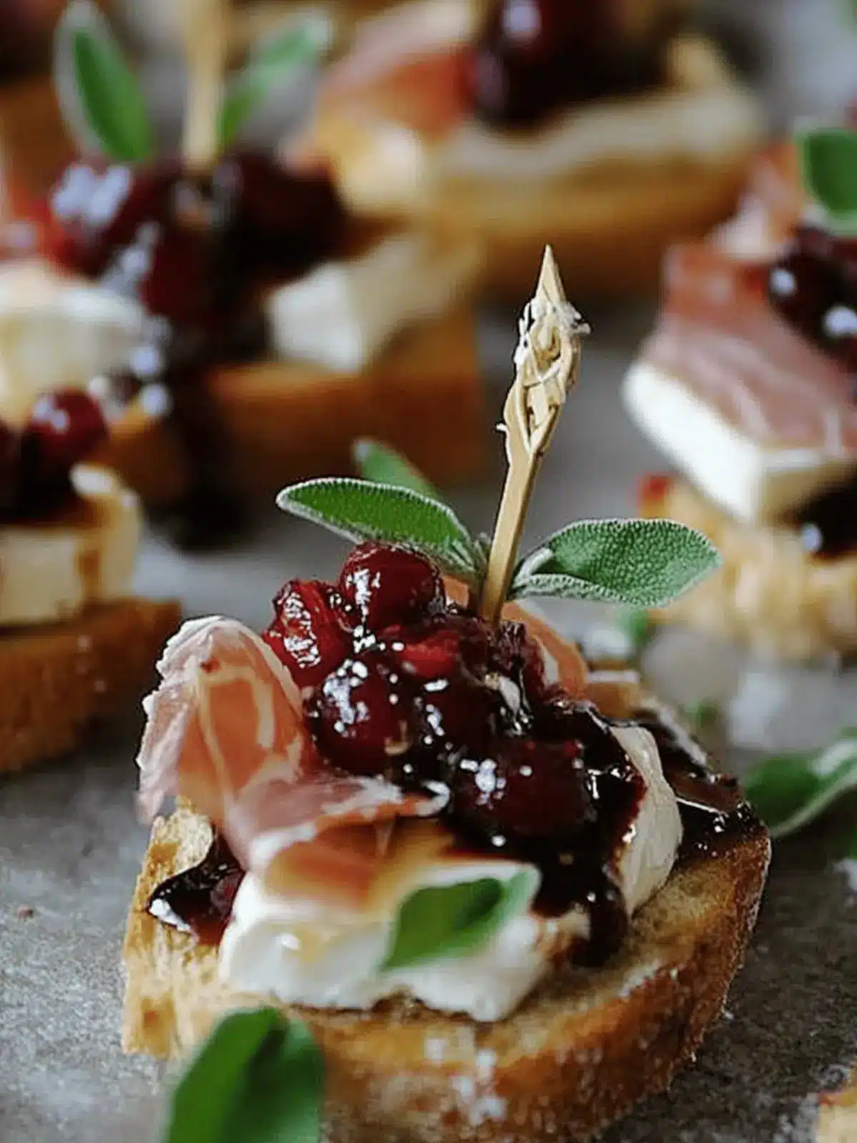 Cranberry, Brie and Prosciutto Crostini with Balsamic Glaze
