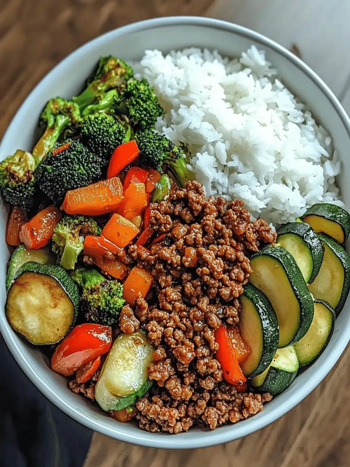 Spicy Ground Beef Stir-Fry Bowl with Garlic Veggies & Steamy Rice