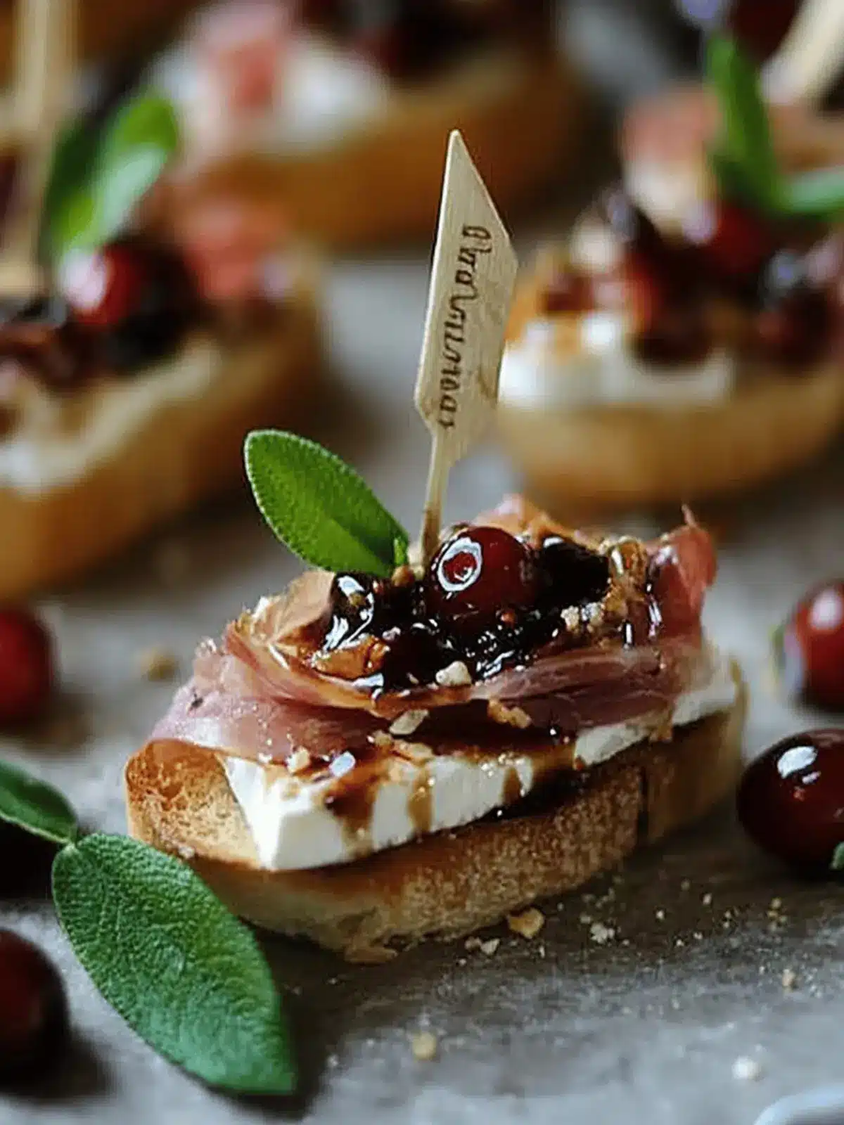 Cranberry, Brie and Prosciutto Crostini with Balsamic Glaze