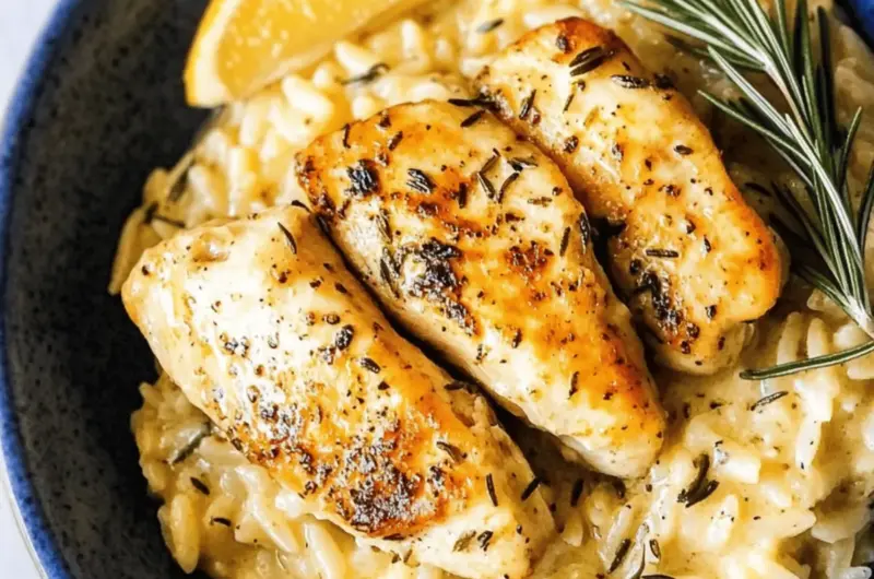 Creamy Cacio e Pepe Orzo Risotto with Rosemary Chicken