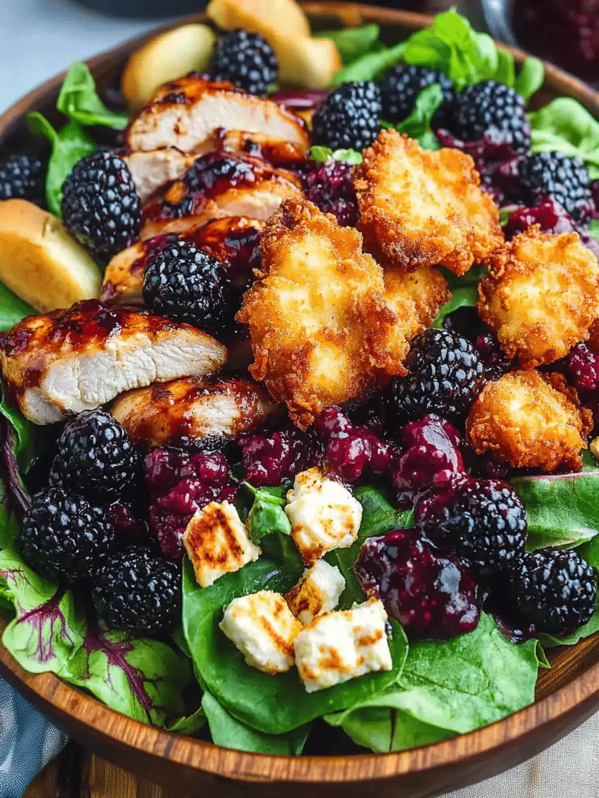 Blackberry Balsamic Grilled Chicken Salad with Crispy Fried Goat Cheese