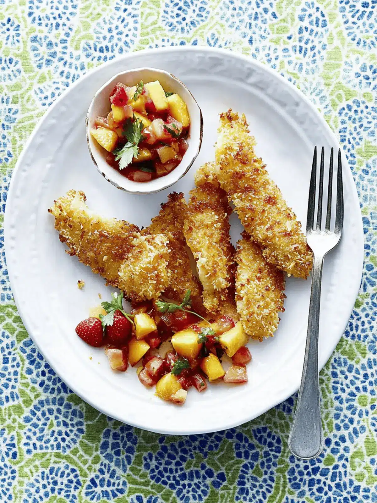 Baked Coconut Tenders with Strawberry-Mango Salsa