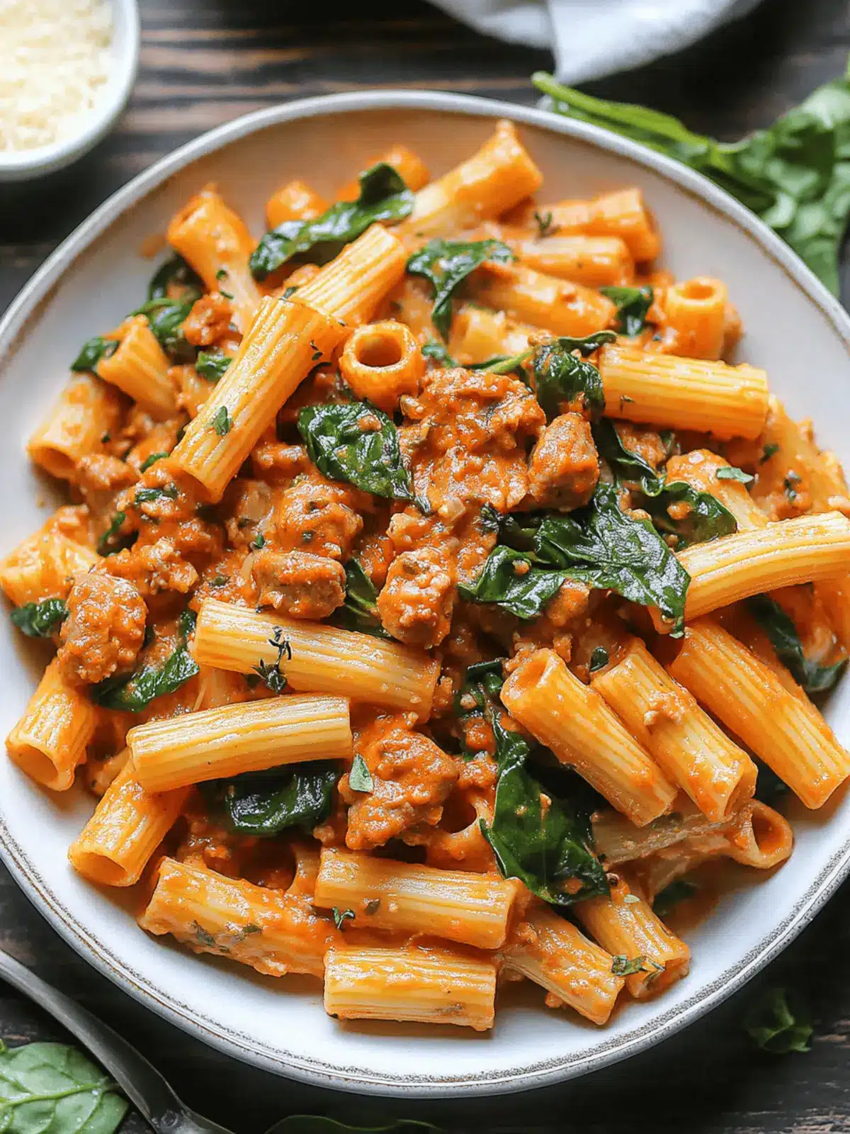 Deliciously Creamy Sausage Rigatoni with Spinach & Garlic Magic 3 Creamy Sausage Rigatoni with Spinach, Garlic, and Tomato Cream Sauce