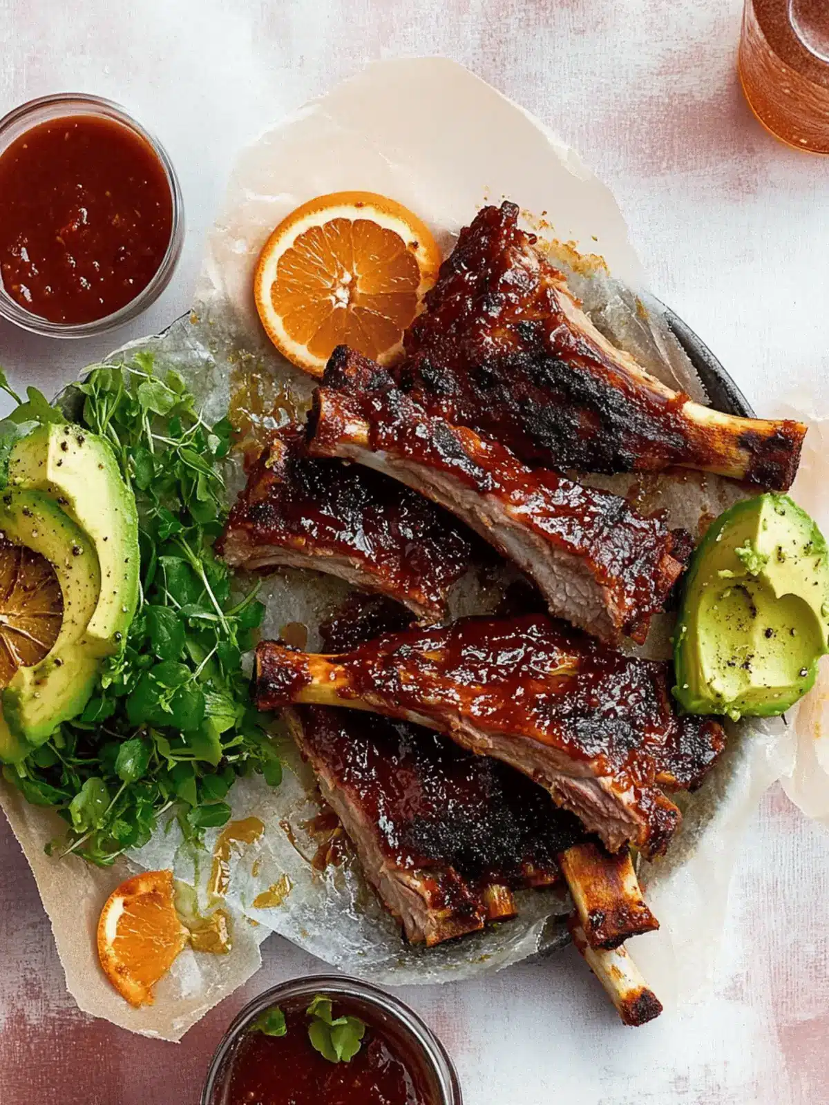 Savory Smoky Blood Orange BBQ Ribs with Avocado Butter Greens 3 Smoky Blood Orange BBQ Ribs with Avocado Butter Greens.