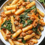 Creamy Sausage Rigatoni with Spinach, Garlic, and Tomato Cream Sauce