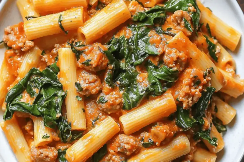 Creamy Sausage Rigatoni with Spinach, Garlic, and Tomato Cream Sauce