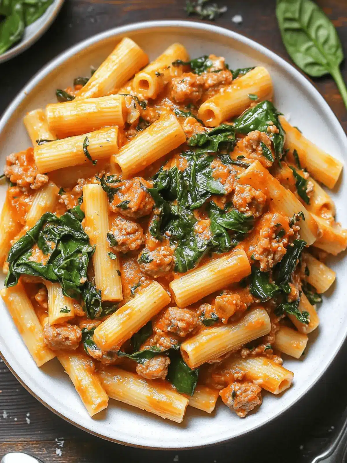 Deliciously Creamy Sausage Rigatoni with Spinach & Garlic Magic 5 Creamy Sausage Rigatoni with Spinach, Garlic, and Tomato Cream Sauce