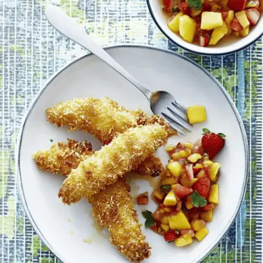 Baked Coconut Tenders with Strawberry-Mango Salsa