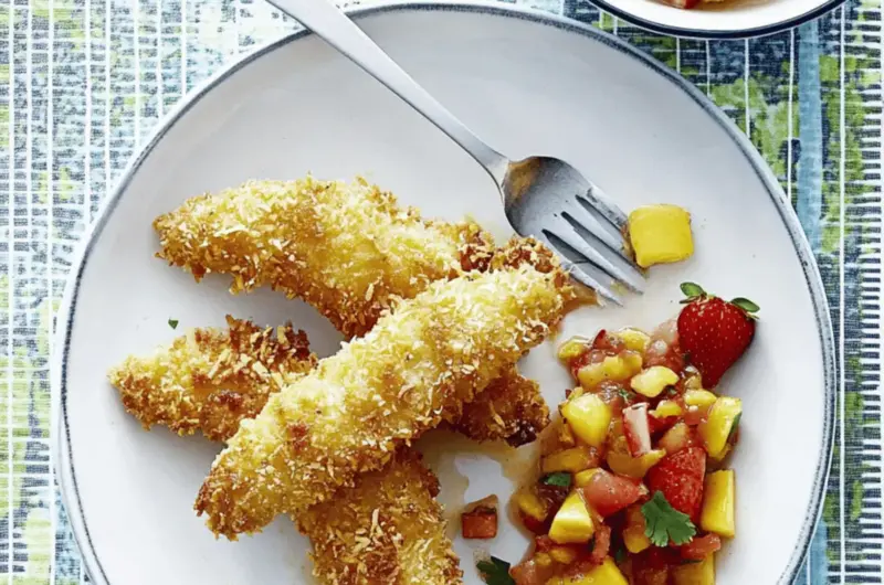 Baked Coconut Tenders with Strawberry-Mango Salsa