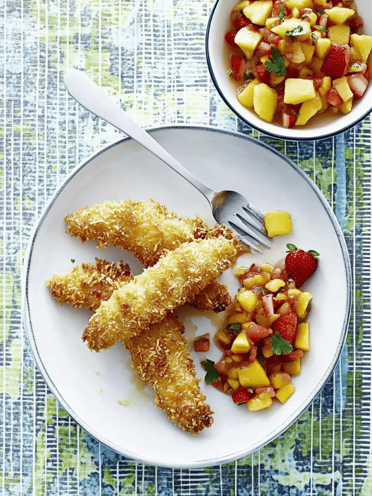 Baked Coconut Tenders with Strawberry-Mango Salsa