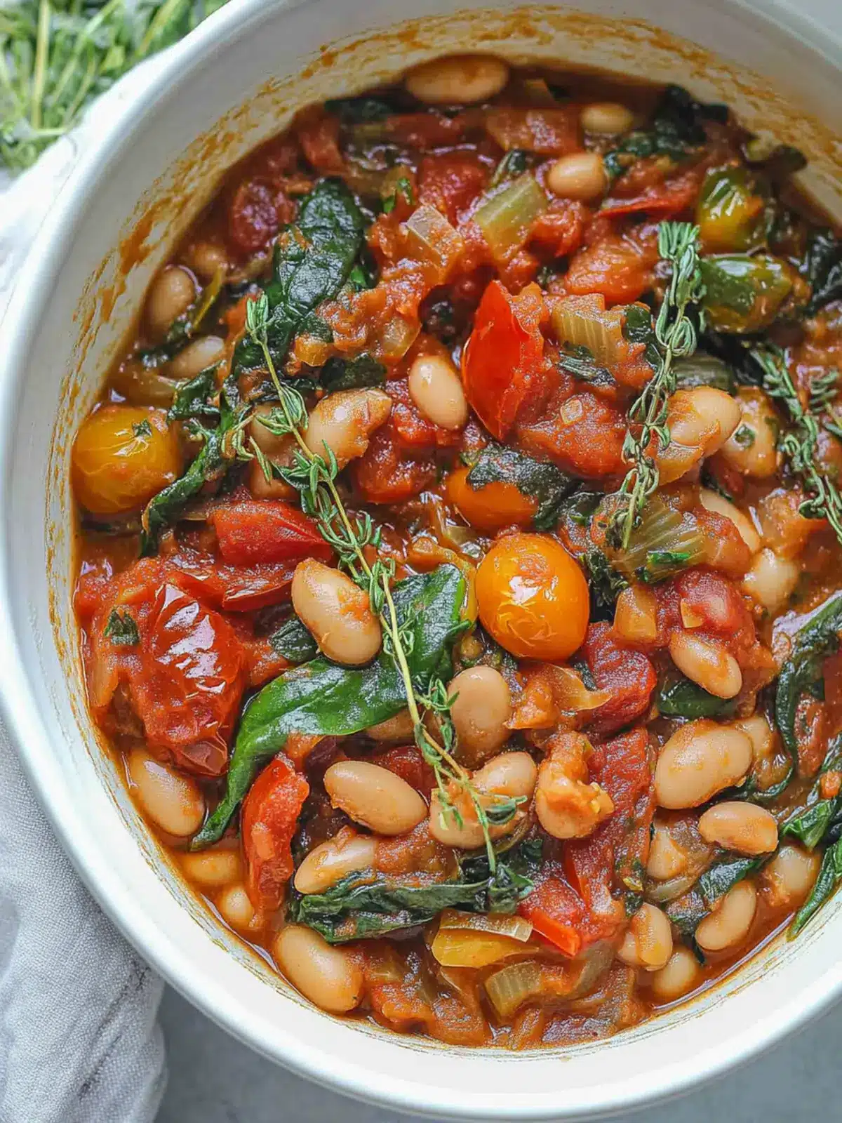 Savory Roasted Tomato, White Bean and Spinach Stew Delight 3 Roasted Tomato, White Bean and Spinach Stew