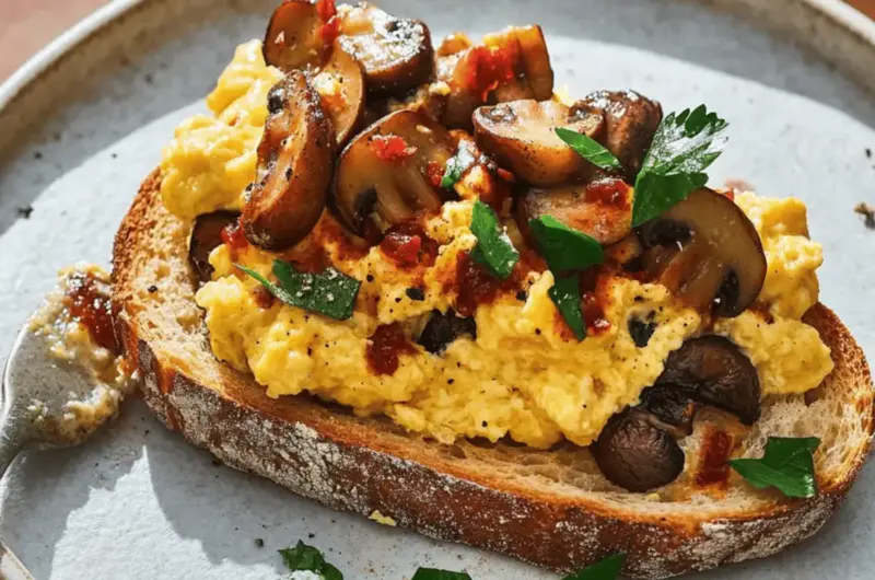 Chilli Oil Mushrooms with Scrambled Eggs on Sourdough