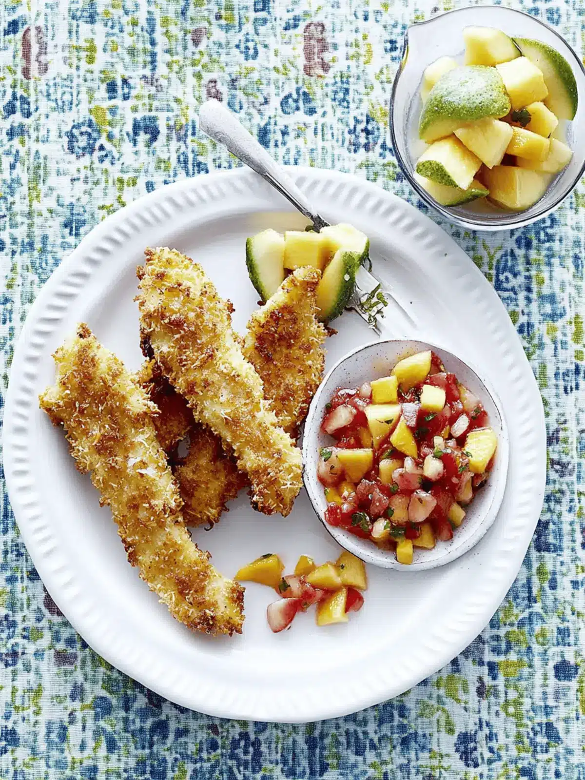 Baked Coconut Tenders with Strawberry-Mango Salsa