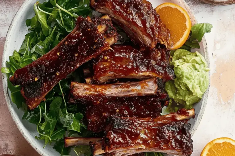 Smoky Blood Orange BBQ Ribs with Avocado Butter Greens.