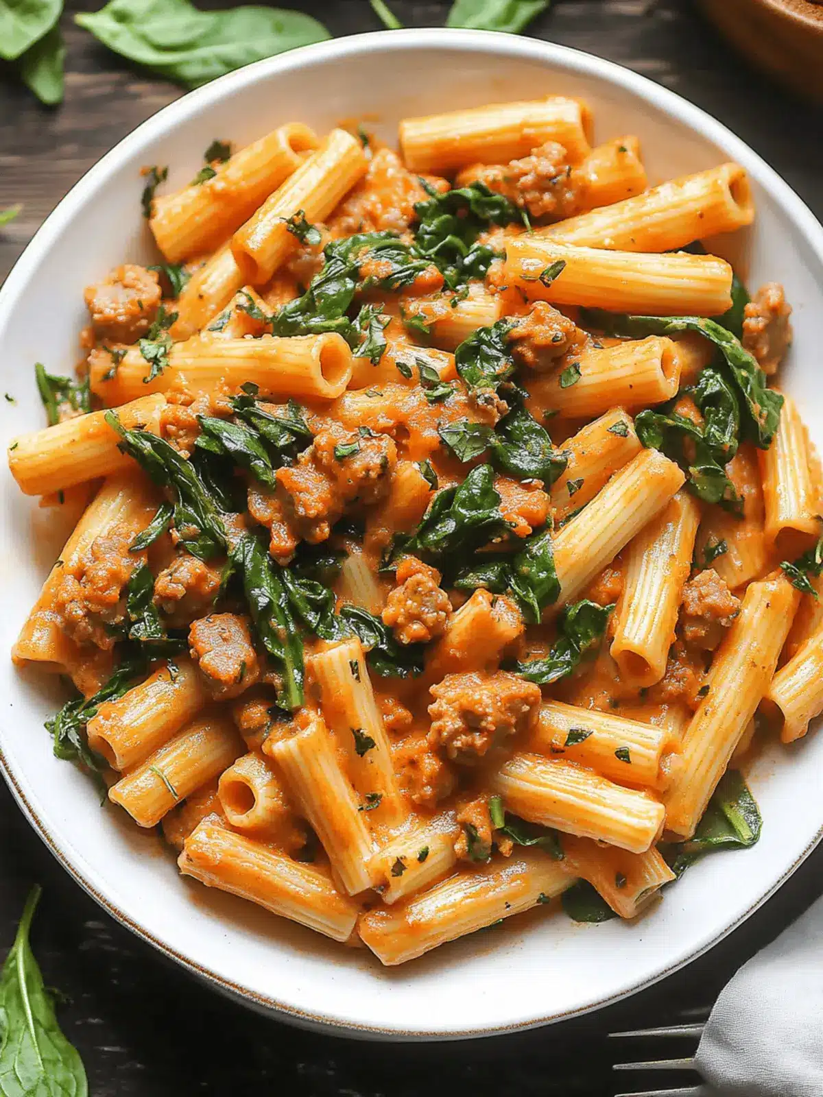 Deliciously Creamy Sausage Rigatoni with Spinach & Garlic Magic 2 Creamy Sausage Rigatoni with Spinach, Garlic, and Tomato Cream Sauce