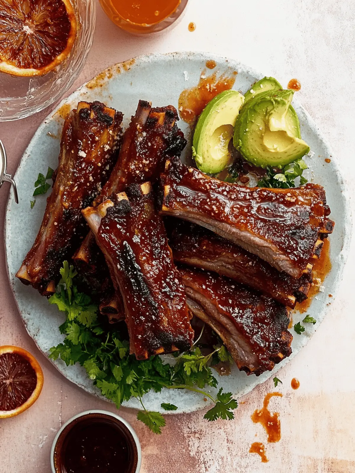 Savory Smoky Blood Orange BBQ Ribs with Avocado Butter Greens 4 Smoky Blood Orange BBQ Ribs with Avocado Butter Greens.