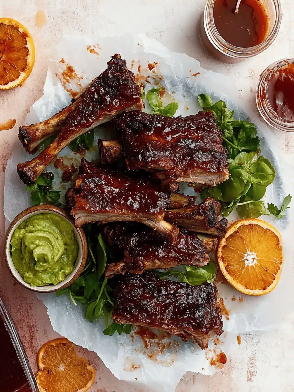 Savory Smoky Blood Orange BBQ Ribs with Avocado Butter Greens 2 Smoky Blood Orange BBQ Ribs with Avocado Butter Greens.